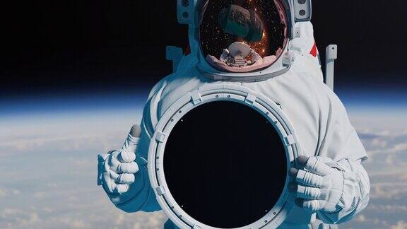 这位宇航员一手拿着一块圆形的牌匾另一只手竖起大拇指一个宇航员的形象一切都很好很优秀