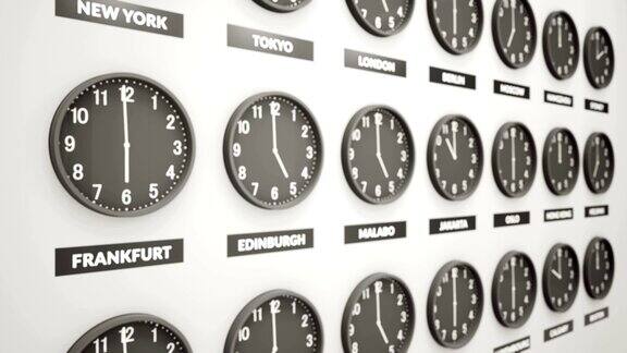 白墙上的圆形时钟显示不同城市的时间符号表示格林尼治标准时间钟面间隔拍摄