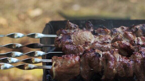 鲜肉串在热木炭烤架上烤着特写准备烤肉
