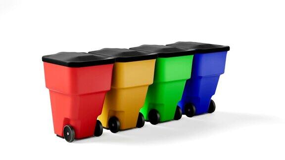 四个彩色塑料垃圾桶上面有回收标志孤立在白色背景上旋转360度