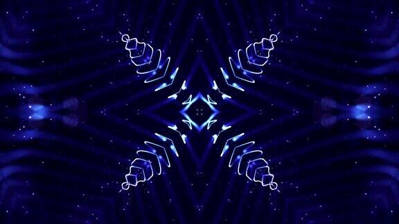 4k循环科幻3d背景与灯光效果发光的蓝色粒子形成线表面复杂的对称结构像万花筒微观世界或纳米技术的抽象主题