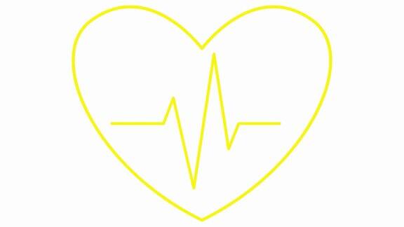 心电图显示跳动的黄色心脏心脏跳动的线性符号心脏跳动的循环视频保健学、心脏病学、医学矢量插图孤立在白色背景上