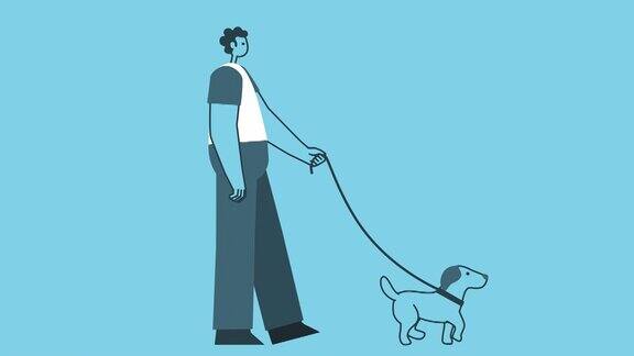 卡通人物带着宠物狗散步生活方式基于Alpha通道的平面设计2d角色隔离循环动画