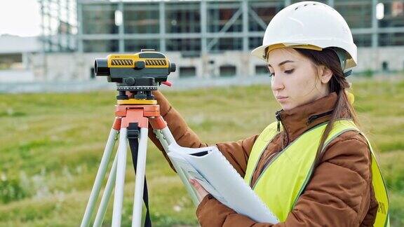 一名穿着工作服、戴着头盔的年轻女测量员在施工现场调整设备并进行计算景观设计大地测量学