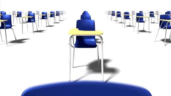 多莉穿过许多学校的椅子到单一的学校的椅子(蓝色)