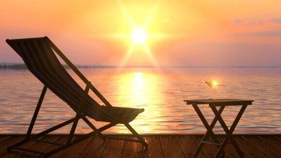 在湖边的躺椅和桌子上在橙黄色的夕阳下喝着葡萄酒