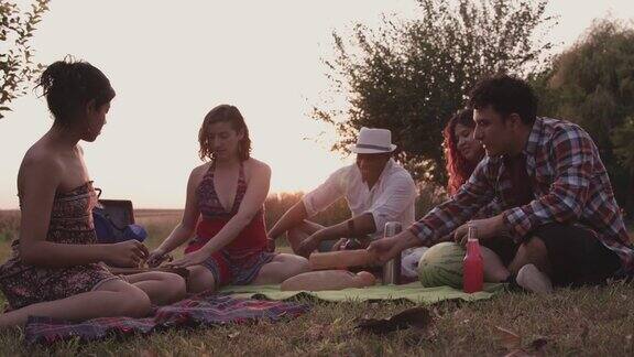一群朋友在阳光灿烂的草地上野餐