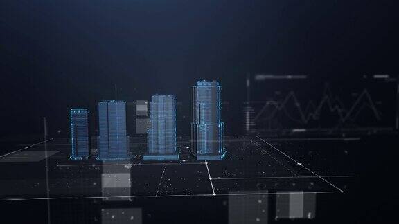 抽象的未来矩阵全息三维城市渲染数字建筑采用二进制码粒子网络技术和连接概念