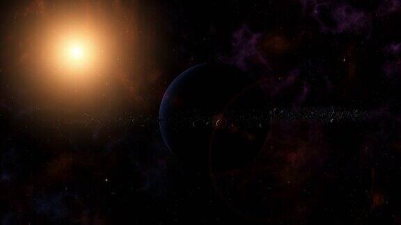 蓝色行星由冰粒子和岩石组成的环系统环绕附近的恒星运行外太空宇宙艺术和科幻概念