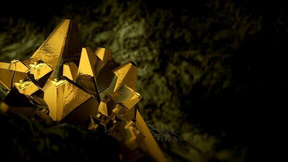 一块黄金宝石坐在黑暗的洞穴里