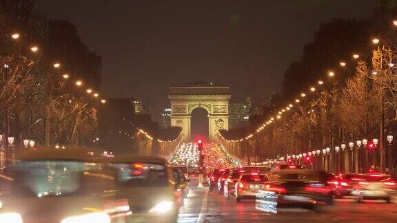 法国巴黎凯旋门和香榭丽舍大街的夜晚延时拍摄