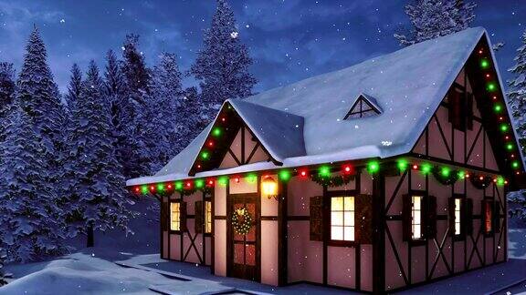 白雪覆盖的房屋正面与圣诞装饰在下雪的冬夜
