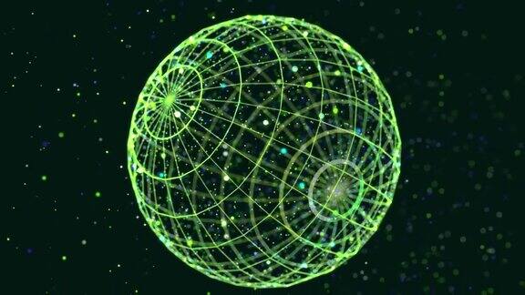 摘要发光绿色粒子形成三维物体球体Vj循环作为虚拟数字空间的bg粒子形成全息影像的形状作为大数据、网络或vr空间科幻运动设计bg