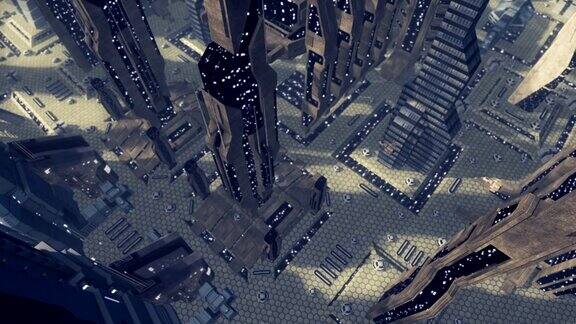 飞越一个充满未来感的科幻城市三维渲染