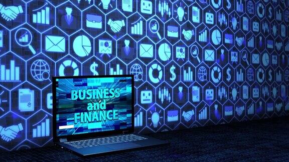 3D渲染笔记本电脑笔记本在地板上屏幕上显示商业和金融图标设置背景和随机二进制代码在地板上的蓝色无缝循环