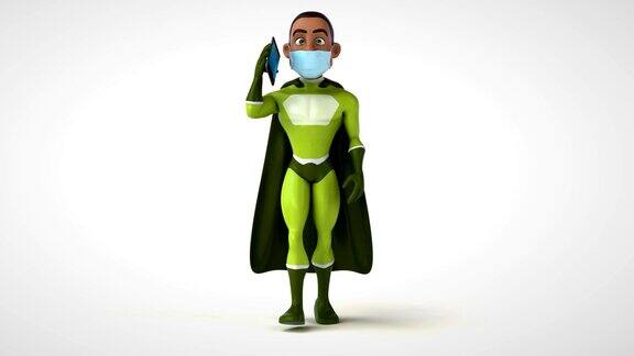 有趣的3D卡通超级英雄带着面具走路
