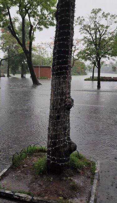 越南河内还剑拥挤的交通混乱和许多人在暴雨中