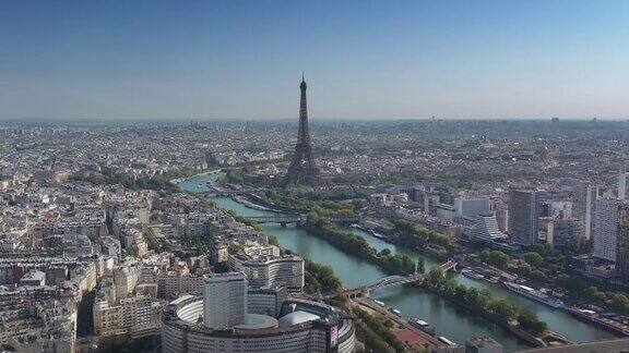 阳光明媚的一天飞越巴黎市中心著名的塔河边航拍4k法国全景图