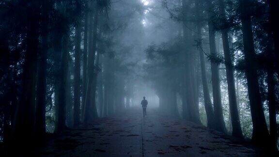 一个人在雾蒙蒙的路上慢跑