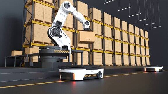 机器人手臂拿起箱子自动机器人在仓库运输