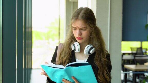 一个困惑的女孩在考试前读了一本书女学生还没有准备好考试