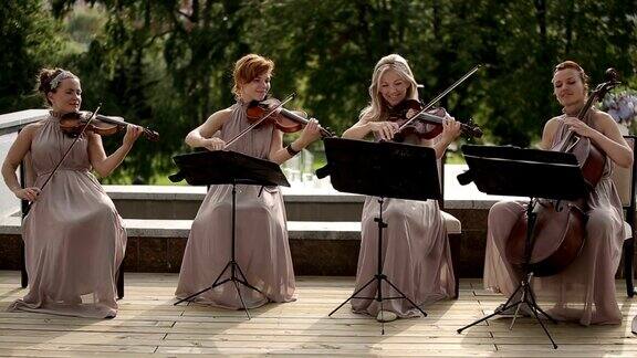 音乐的四方三位小提琴手和大提琴手演奏音乐