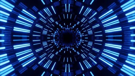 4k无缝循环动画飞镜对称隧道与霓虹灯图案科幻发光图案明亮的反射霓虹灯简单明亮的背景科幻的结构