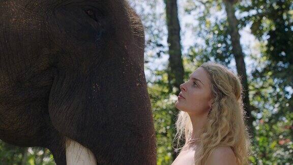 大自然的女人在丛林中抚摸大象在动物园保护区爱抚野生动物