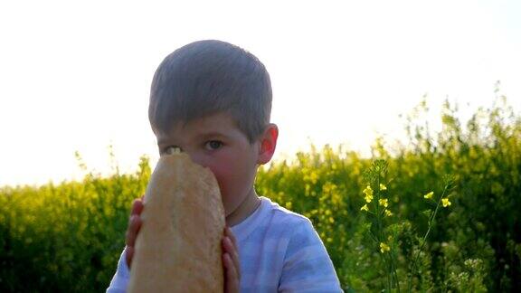 小男孩手里拿着面包在背景地里快乐的小男孩在公园外面吃面包饥饿的孩子吃食物