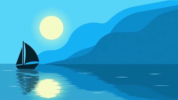 月光下山间波浪形湖面上的帆船