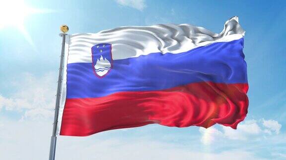 斯洛文尼亚国旗在深蓝色的天空中迎风飘扬国家主题国际理念3D渲染无缝循环4K