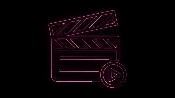 发光霓虹灯线电影拍手图标孤立在黑色背景电影合板电影制作或媒体行业