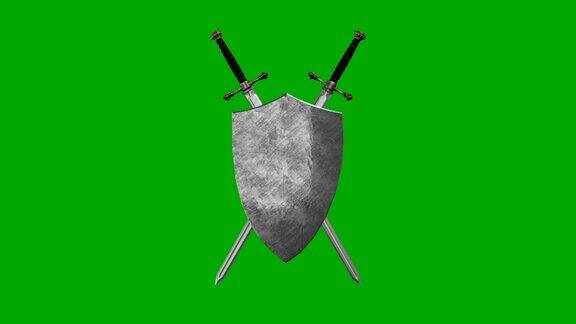 在绿幕背景上形成符号的中世纪剑和盾