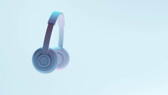 无线原创耳机与立体声在潮流霓虹灯现代白色dj耳机3d上的蓝色背景派对技术设备听技术电子音乐青年配件