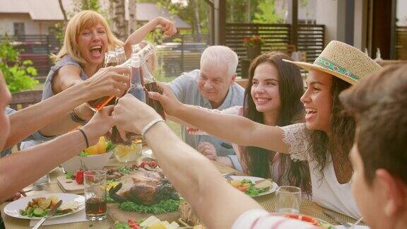 家人和朋友聚在一起举杯祝酒碰杯家庭花园聚会庆典