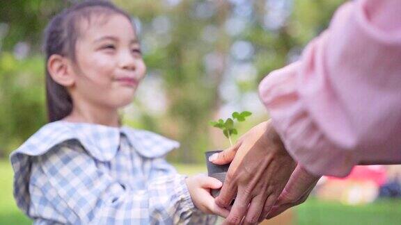 可爱的小亚洲女孩把小植物送给妈妈拯救地球的理念