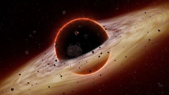 宇宙空间中的超大质量黑洞吸积盘和旋转云吞噬小行星的3D渲染