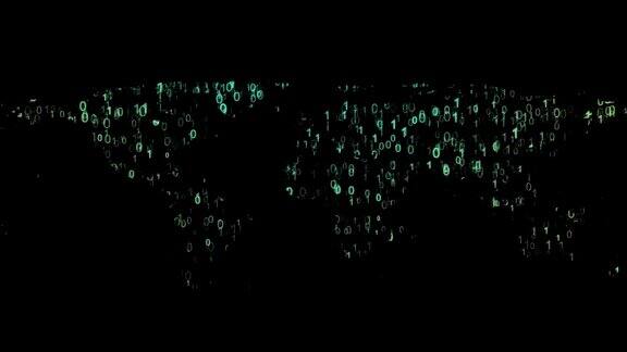 世界地图由自上而下的绿色数字0和1在黑色背景上形成社会信息化与数字世界在顶部复制文本空间