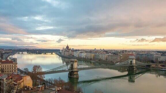 匈牙利布达佩斯城市景观和多瑙河上空的云朵