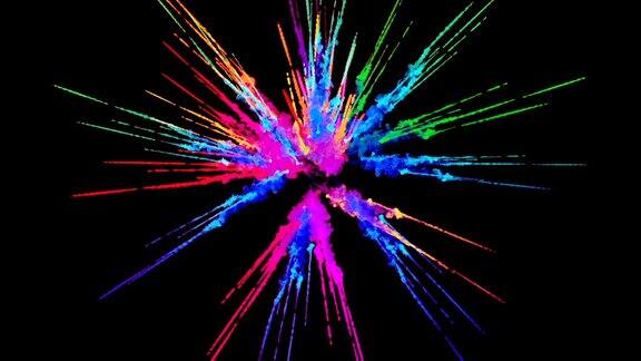 烟花般的油漆爆炸的彩色粉末孤立在黑色背景3d动画作为彩色的抽象背景彩虹颜色2