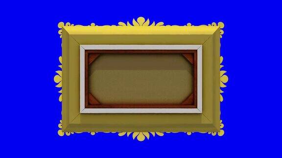 金色画框在蓝色背景上旋转色度键无缝循环3D动画与电视噪音和绿色屏幕