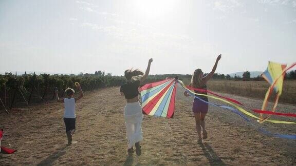 一家人在一个阳光明媚的夏日放风筝