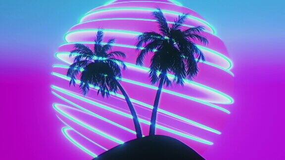复古的80年代合成波棕榈树和阳光