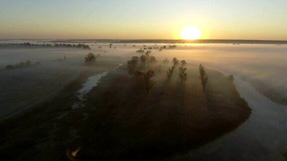鸟瞰图:晨雾飞越河流森林山谷日出景观全景乌克兰