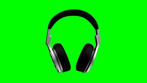 黑色皮革耳机隔离在绿色背景的3d插图渲染
