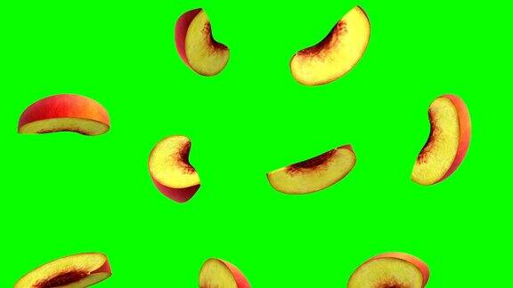 一片片的桃子落在绿色的屏幕上无缝循环CG