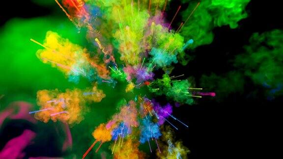 爆炸的火药孤立在黑色背景3d动画的粒子作为彩色的背景或覆盖效果迸发出彩虹般的色彩粉饼呈现出明亮如胡里节12