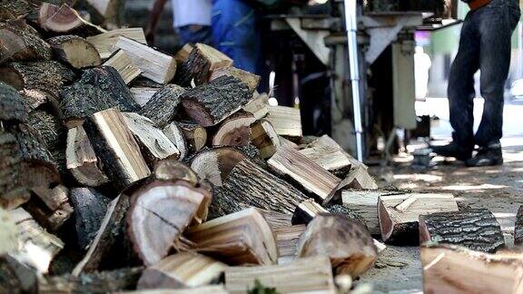 伐木工人正在把砍下来的木头扔进那堆木头里