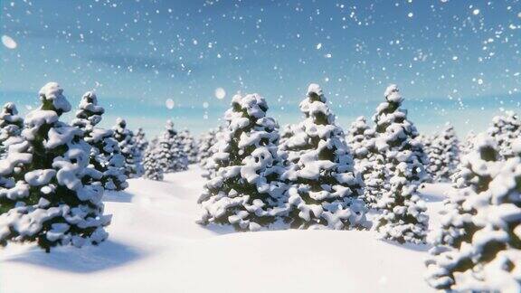 雪中漫步在白雪覆盖的森林里的圣诞树之间无限循环的动画