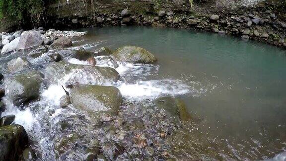 美丽的河流清澈的水流过石头和岩石